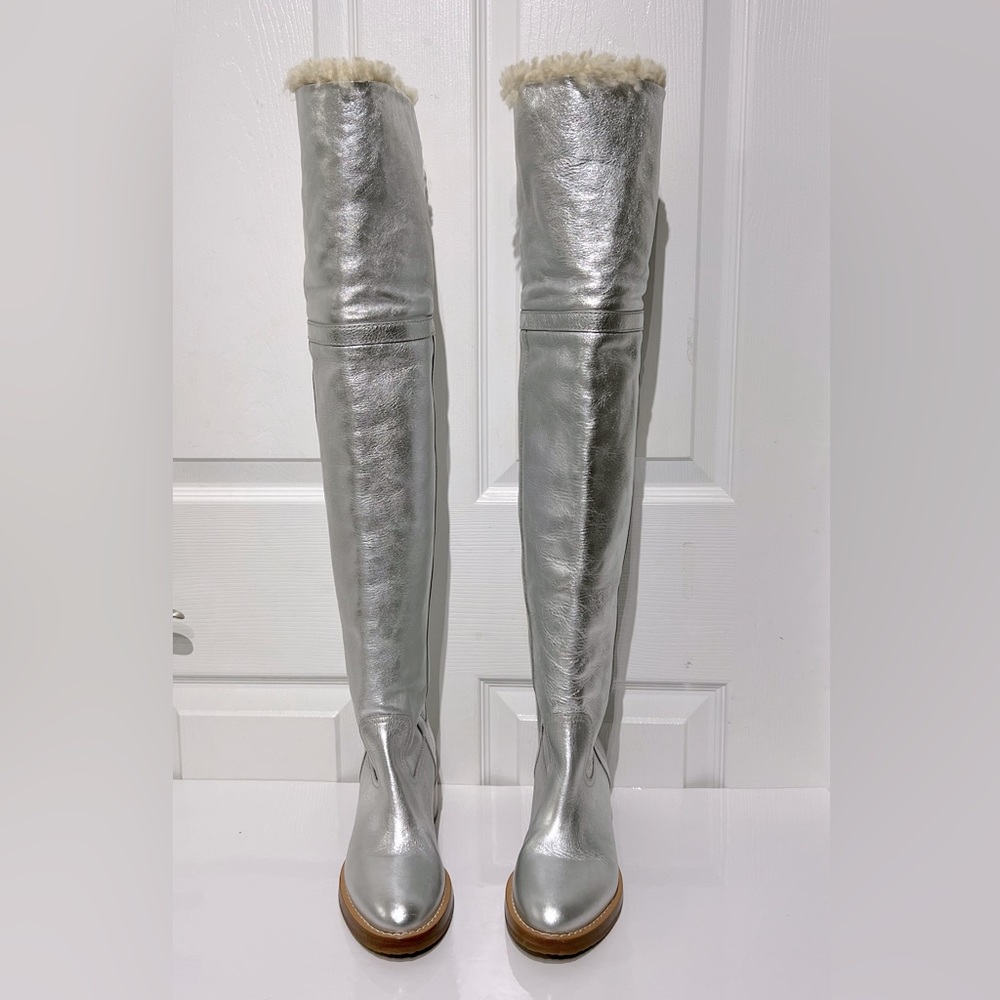 Celine 2019 Folco  Shearling Over-the-knee Boots  - Silver size 37.5